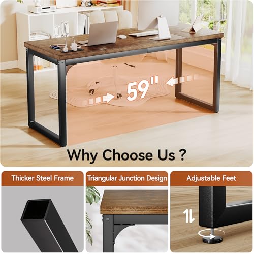Computer Desk with Power Outlets, 63 Inch Large Home Office Desk with Deeper & Thicker Desktop Modern Gaming Desk Study Writing Work Desk, Metal Frame, Rustic Brown - size: 63 Inch