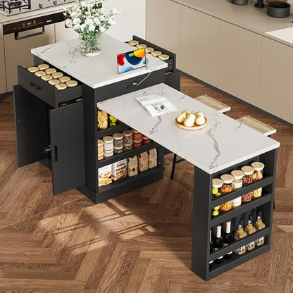 Gecheer Extendable Kitchen Island with Drawers, Double-Door Cabinets & Open Shelving – Black, 80.7" L x 33.4" W x 35.3" H – Multi-Functional Dining Table, Breakfast Bar & Tea Station