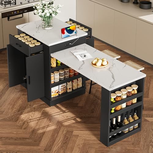 Gecheer Extendable Kitchen Island with Drawers, Double-Door Cabinets & Open Shelving – Black, 80.7" L x 33.4" W x 35.3" H – Multi-Functional Dining Table, Breakfast Bar & Tea Station
