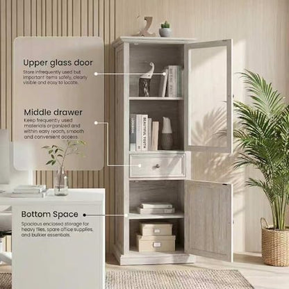 65" Tall Bookcase with Tempered Glass Door, Elegant Freestanding Display Cabinet with Drawer, Modern Wooden Kitchen Pantry Storage Cabinets for Living Room/Office(White) - color: White & 24 X 65