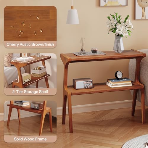 Solid Wood End Table, 2-Tier Side Table with Storage Shelf, Wooden Modern Accent Slim Bedside Table for Sofa, Living Room, Bedroom, Small Space, Easy Assembly, Cherry - color: Cherry