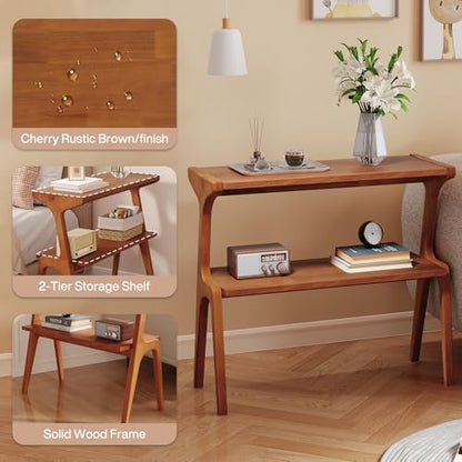 Solid Wood End Table, 2-Tier Side Table with Storage Shelf, Wooden Modern Accent Slim Bedside Table for Sofa, Living Room, Bedroom, Small Space, Easy Assembly, Cherry - color: Cherry