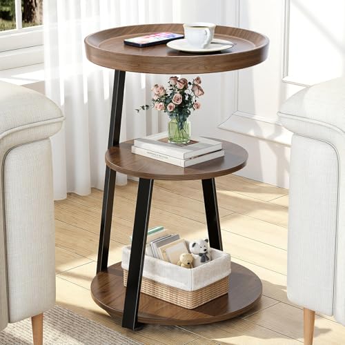 Round Side Table, 3-Tier Tray Top End Table with Storage Shelf, Ultra Stable Coffee End Table/Nightstand, Modern Farmhouse Couch Table for Living Room, Bedroom, Bedside Stand or Small Spaces, Walnut - color: Walnut Wood 3-tier, size: 1 Pcs
