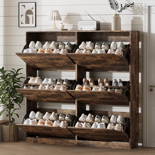 Xixini Shoe Storage Cabinet for Entryway with 6 Flip Drawers, Sturdy Wood Hidden Shoe Storage, Freestanding Narrow Slim Shoe Organizer for Front Door Entrance, Living Room, Hallway, Bedroom, Brown - color: Brown, size: 6 Drawers without Rack