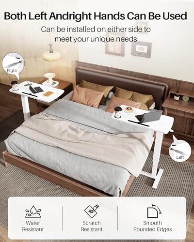 Foldable Overbed Table with Wheels, Pneumatic Adjustable Desk | 31.5 X 17.7 In Desktop with Cup Holders and Tablet Slot, Hidden Casters, 88 Lbs Capacity, Installs on Either Side of Bed - color: White