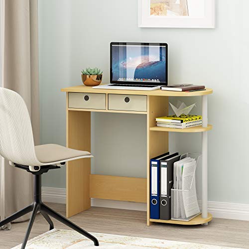 Furinno Go Green 32-Inch Oak Computer Desk, Office Desk with 2 Side Shelves and Storage Bins, Rectangular Home Office Desk, Gaming Desk for Home Office, Bedroom, Study Room, Light Beech - color: Light Beech/Ivory/White, size: 32-in Wide with 2 Drawers