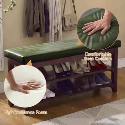 40" Faux Leather Shoe Storage Bench Entryway, Upholstered Bench with Leather Cushion, Solid Wooden 2 Tier Rack Shoe Organizer for Entry Way, Bedroom, Living Room, Green - color: Green
