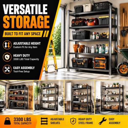 Garage Shelving, Heavy Duty Storage Shelves, Adjustable Boltless Units | Metal Shelving with Double Layer Posts, Industrial Steel Shelving for Garage Basement Warehouse Kitchen, Black, 72H*36W*16D - size: 16D*72H*36W Upgrade Steel