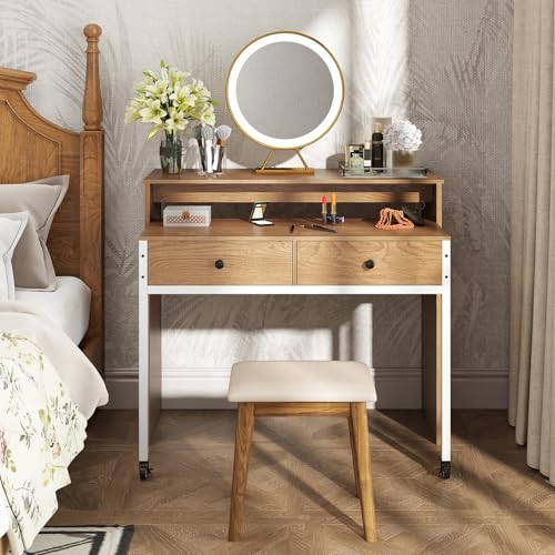 Giantex Small Computer Desk with Hutch & Drawers, Extendable Writing Desk w/Pull Out Secondary Table, Monitor Stand & Rolling Wheels, Console Table, Compact Desk for Small Spaces (Natural) - color: Natural