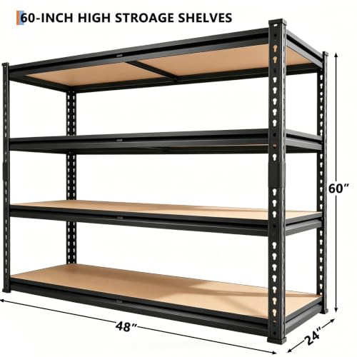Garvee 48" W Heavy Duty Garage Storage Shelves, 4 Tier Adjustable Metal Shelving Units, 2560 LBS Capacity, 48" W x 24" D x 60" H Utility Rack Shelf for Warehouse Basement Pantry Kitchen