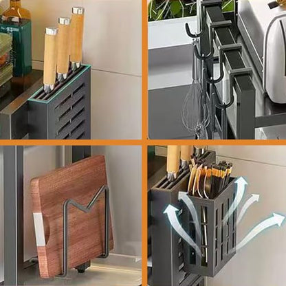 Extendable Microwave Oven Rack, 15.7~24.8" L Expandable Microwave Stand with Storage Shelf Heavy Duty with 6 Hooks and Chopsticks Cutting Board Holder for Kitchen Countertop - color: Black