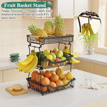 OKZEST 3-Tier Fruit Basket Fits Under Standard Upper Cabinet, 17.2" Tall | 2-In-1 Wall Mount & Countertop. Ultra-Fine Mesh Top Basket & Banana Hangers, Holds Potato, Onion, Bread, Snack, Fruit, Veggie - size: 3-Tier (Top basket with ultra-fine mesh)