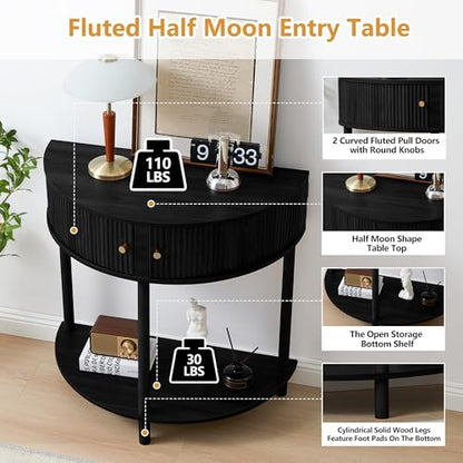 XUZENEST Fluted Half Moon Console Table, Modern Small Entry Table Sofa Table with Storage, Solid Wood Legs Narrow Entryway Table for Living Room, Hallway, Foyer(Black) - color: 31.5 Black