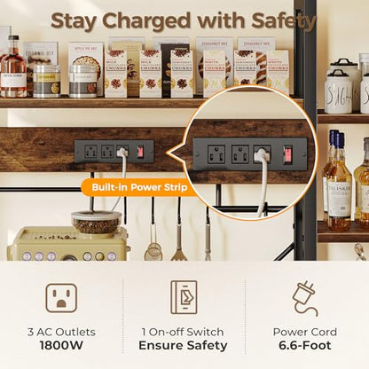 SUPERJARE Larger Bakers Rack with Power Outlets, 6-Tier Microwave Stand, Coffee Bar with 12 S-Shaped Hooks, Kitchen Shelf with Wire Basket, 47.2 x 15.5X 66.9 Inches, Rustic Brown - color: Rustic Brown, size: 47.2inch