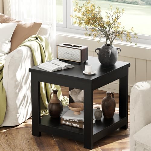 Homieasy Black End Table, 20x20 Inch Square Side Table for Living Room, Large Wood Accent Table with Storage Shelf, Modern Farmhouse Nightstand Bedside Table, Black - color: Black