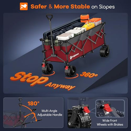 Originsure 300L Foldable Beach Wagon Cart with Big Wheels, 560lbs, Grey&Red | 48" Folding Utility Wagon,7" All-Terrain Wheels,Heavy Duty Frame,Compact&Space-Saving,for Camping,Sports,Grocery,Garden - color: Red&grey