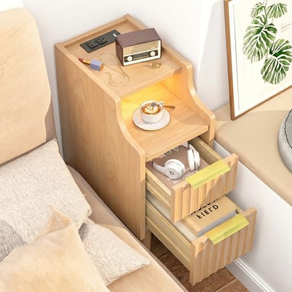 Fluted Narrow Nightstand with Charging Station, Solid Wood Night Stand with 2 Drawers, Natural Mid Century Modern Led Nightstand, Small Beside Table with Open Storage Shelf for Bedroom （10 inch） - color: Natural
