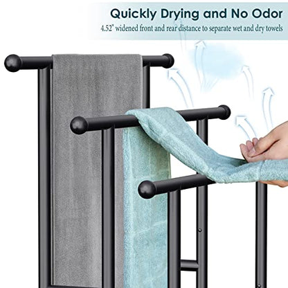Kayfia 40'' Freestanding 3 Tier Alloy Steel Towel Rack with Storage Basket | Dual-Use Drying & Display Rack, Holds Oversized Bath Towels & Blankets, Fits Bathroom, Tub, Shower, Poolside, Black - color: Black