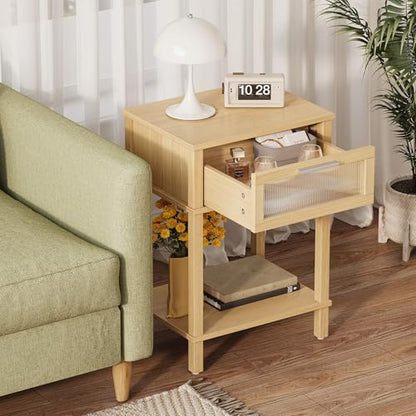 Nightstand Wooden Bedside Table with Drawer Natural Wood Night Stands Modern Style Small End Table Side Table with Storage Shelf for Bedroom Living Room MLBZ10YEV - color: Natural
