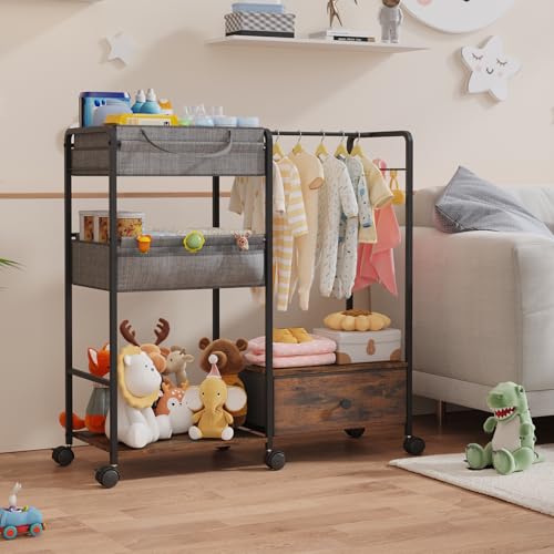 BBLIKE 3in1 Diaper Caddy Organizer - Diaper Caddy & Rolling Diaper Cart with Kids Clothing Rack for Nursery and Baby Essentials, Multi-Function Utility Cart for Bedroom and Bathroom, Black&Brown
