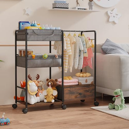 BBLIKE 3in1 Diaper Caddy Organizer - Diaper Caddy & Rolling Diaper Cart with Kids Clothing Rack for Nursery and Baby Essentials, Multi-Function Utility Cart for Bedroom and Bathroom, Black&Brown