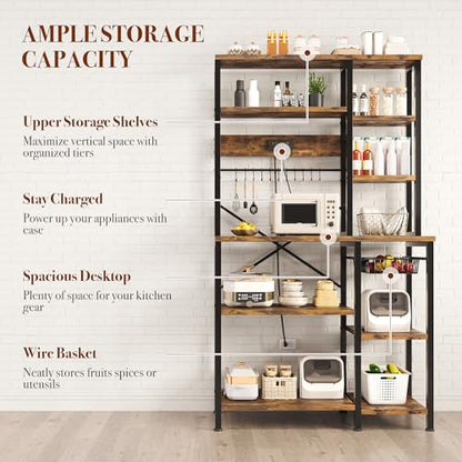 GRUSIGN Kitchen Bakers Rack with Storage, 6-Tier Coffee Bar Station with Power Outlet, Microwave Stand with 12 S-Shaped Hooks, Open Kitchen Storage Shelves for Spices, Pots and Pans, Rustic Brown