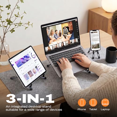 C Coiro 3-in-1 Magnetic Foldable Laptop Stand and Phone Stand for Desk Aluminum Alloy Adjustable Holder 10–16” Laptops & 4–13” Phones/Tablets, Magnetic Compatible with iPhone Android, Silver - color: Silver