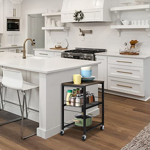 MOOACE 3 Tier End Table with Wheel, Rolling Kitchen Cart Storage Shelf | Small Side Table Nightstand, Kitchen Utility Cart Table Stand for Bedroom Living Room Office Balcony - color: Brown