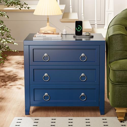 Huuger Paint Night Stand with Charger Station, 3 Drawer Nightstand Set of 2 | Larger Wider Bedside Table with USB-C Port, Modern End Table, for Bedroom, Living Room, Blue Nightstand - color: Blue