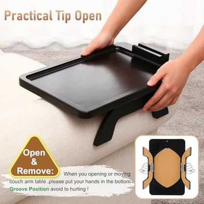SINWANT Large Couch Armrest Table, 15.75"x 11.8" Bamboo Couch Arm Table with 360° Rotating Phone Holder,Foldable Anti-Slip Sofa Arm Tray for Snacks,Drinks,Remotes on Wide Armrest - color: Large Black