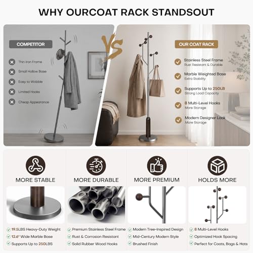 Coat Rack Freestanding Metal Coat Tree with 8 Wood Hooks | Heavy Duty Standing Coat Rack, Stainless Steel Marble Base, Coat Hanger Stand for Bedroom Entryway Hallway, Hat, Bags - color: Stainless Steel and Wood