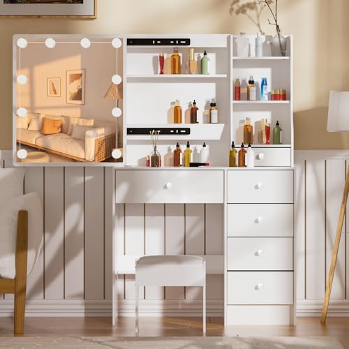 Makeup Vanity with Sliding Mirror and LED Lights, 3 Adjustable Modes Vanity Desk with 6 Storage Drawers & 3 Open Shelves, Dressing Table with Stool with Bedroom, White - size: Small-32'' Wide