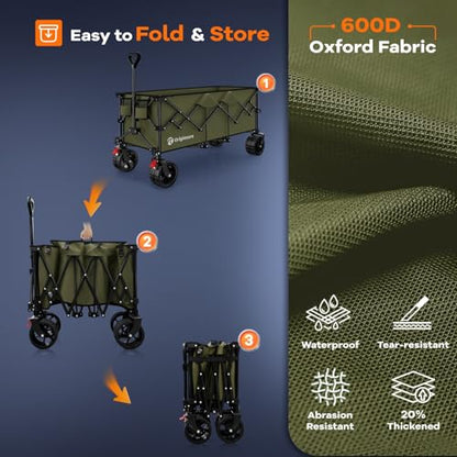 Originsure 300L Collapsible Beach Wagon Cart with Big Wheels, 560lbs, Green | 48" Foldable Utility Wagon,7" All-Terrain Wheels,Heavy Duty Frame,Compact&Space-Saving,for Camping,Sports,Grocery,Garden - color: Green