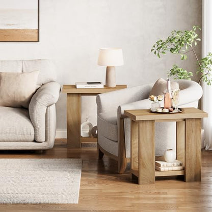 LITTLE TREE 2-Tier Side Table, Farmhouse End Table with Storage Shelves, Small Nightstand Wooden Beside Table Bed Side Table for Small Spaces, Living Room, Bedroom, Light Brown - color: Light Brown