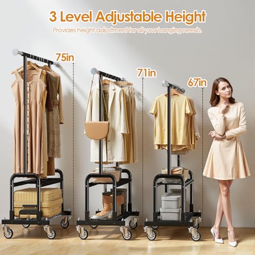 Luxspire Rolling Heavy Duty Clothes Rack with 2 Sturdy Shelves Load 600 LBS | Zinc-iron alloy frame, lockable silent wheels, adjustable extendable rods for bedroom and laundry room garment storage - color: Black