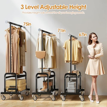 Luxspire Rolling Heavy Duty Clothes Rack with 2 Sturdy Shelves Load 600 LBS | Zinc-iron alloy frame, lockable silent wheels, adjustable extendable rods for bedroom and laundry room garment storage - color: Black