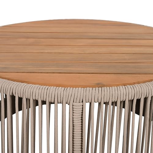 Christopher Knight Home Peyz Acacia Wood Outdoor Side Table Set of 2 with Woven Rope Design, Patio Round Coffee Table Set with Small Side Desk, Functionality Stylish 2 Tables for Garden, Teak + Beige