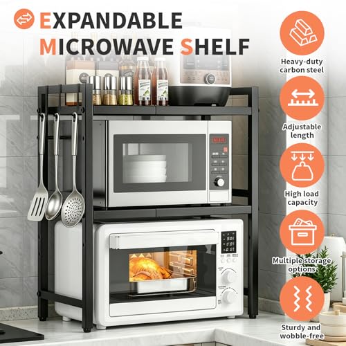 Microwave Oven Rack, Heavy Duty 3-Tier Adjustable Shelf Microwave Stand, Expandable Kitchen Countertop Shelf Organizer with 6 Hooks, 100lbs Weight Capacity for kitchen organizers and storage, Black - size: Adjustable 3 Tier