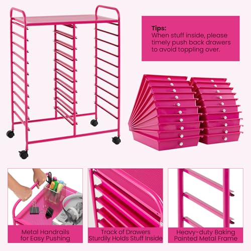 DREAMADE Rolling Cart with Storage Drawers, Utility Cart w/Removable Plastic Drawers, Lockable Wheels, Art Cart for Classroom Organization Art Supplies Office Scrapbook (20 Drawers, Hot Pink) - color: Hot Pink, style: 20 Drawers