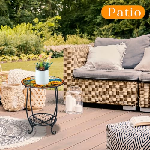 Cinnvoice Outdoor Side Table Round Small Mosaic Patio Accent Indoor End Plant Coffee Tea Table for Yard Patio Porch Garden Living Room, Bedroom(Sunflower Style,14 Inch) - size: 14 Inch, style: Sunflower Style
