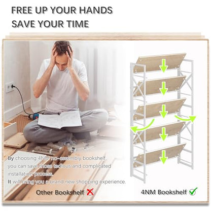 4NM Extra Wide 5 Tiers No Assembly Book Shelves, 51.2" H Folding Bookshelf Bookcase Open Industrial Foldable Shelves for Bedroom, Living Room, Home Office - Natural White - color: Natural White, size: Wide XX 5-Tier