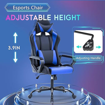 PayLessHere Ergonomic Racing Desk Chair Gaming Chair Computer Chair with Armrests 360° Swivel & Caster Pu Desk Task Chair Executive Headrest Lumbar Support for Back Pain Women Men and Adults, Blue - color: Blue