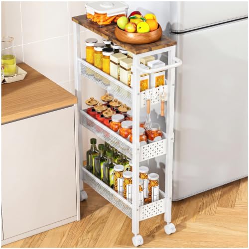 Vivihomety Utility Slim Storage Cart, 4 Tier Small Rolling Kitchen Laundry Room Cart with Wood Top, Metal Bathroom Storage Cabinet Mobile Shelf Unit Organizer Trolley with Handle for Narrow Space - color: White, size: 7.1 inch wide