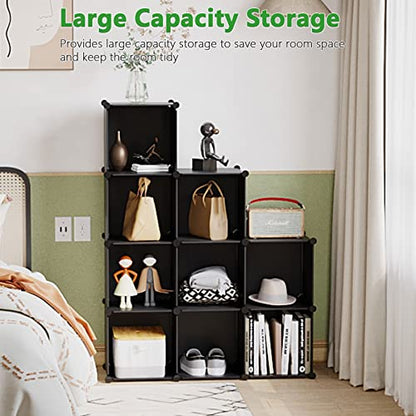C&AHOME Cube Storage Organizer, 9-Cube Bookcase, Closet Cabinet Black | DIY Stackable Bookshelf, Plastic Modular Shelving Units Ideal for Home, Office, Kids Room, 36.6" L x 12.4" W x 48.4" H - color: Black