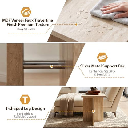 Hyfirm Modern Faux Travertine Side Table Small T-Shaped End Table | Space-Saving Accent Table with Travertine Finish Nightstand for Use Beside Sofa in Living Room Bedroom Apartments and Office - color: Beige