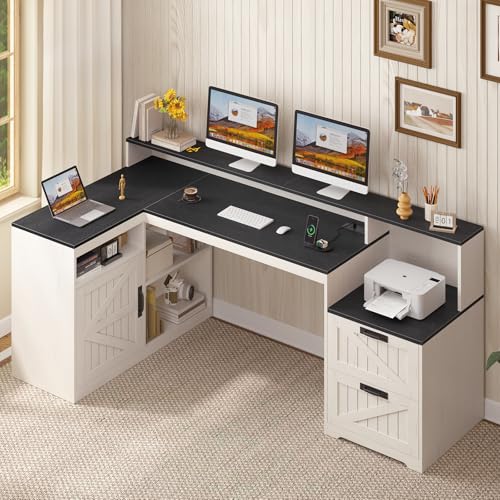 TVU Farmhouse L Shaped Desk with Drawers, 62.2" Home Office Desk with Storage Shelves and Power Outlet, L Shaped Computer Desk with Monitor Stand and Printer Shelf, Black and White - color: Black and White