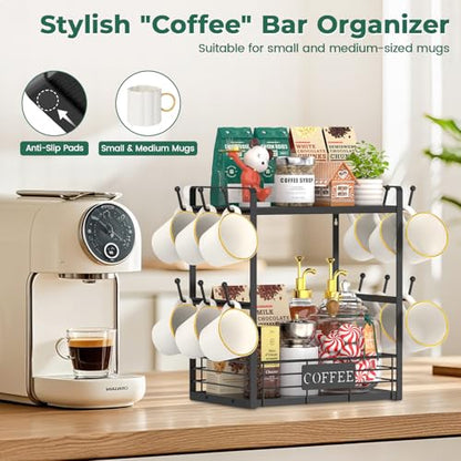EsLuker.ly Coffee Mug Cup Holder Tree Bar Station Organizer, 2 Tier Mug Stand Rack for Countertop Kitchen, Storage Tower Display Shelf with 12 Hooks, Coffee Nook Enhancer, Black - color: Black + Black