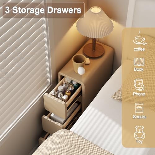 AQIMUELE Narrow Bedside Table,Narrow Night Stand with Drawers,Small Night Stand with Leather Surface for Bedroom - color: Beige (3 Drawers), size: 7.9"W