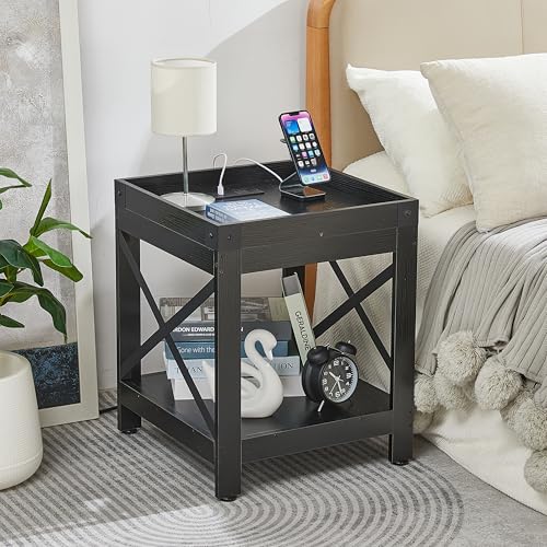 Farmhouse Side Table with Charging Station,2-Tier Square End Table | 2-Tier Shelf Modern Sofa Couch Table Bedside Nightstand With X-Frame for Living Room Bedroom Office Small spaces,Black - color: Black, style: With Outlets