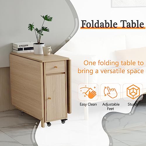 Drop Leaf Folding Dining Table with Storage, Wheels, Space Saving | Foldable Design, 18mm Thick Plywood, 300 lbs Capacity, Locking Wheels, Farmhouse Style, for Living Room Kitchen Small Spaces - color: Wood
